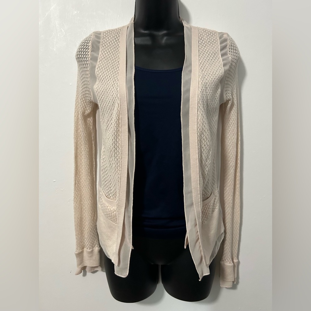 BCBG Maxazria crocheted shell, 100% polyester lining, sheer cardigan